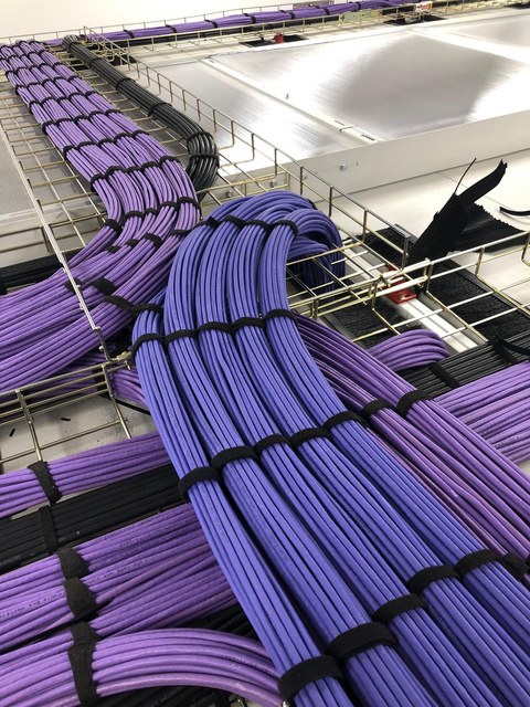 Copper bundles turning down into the rack row
