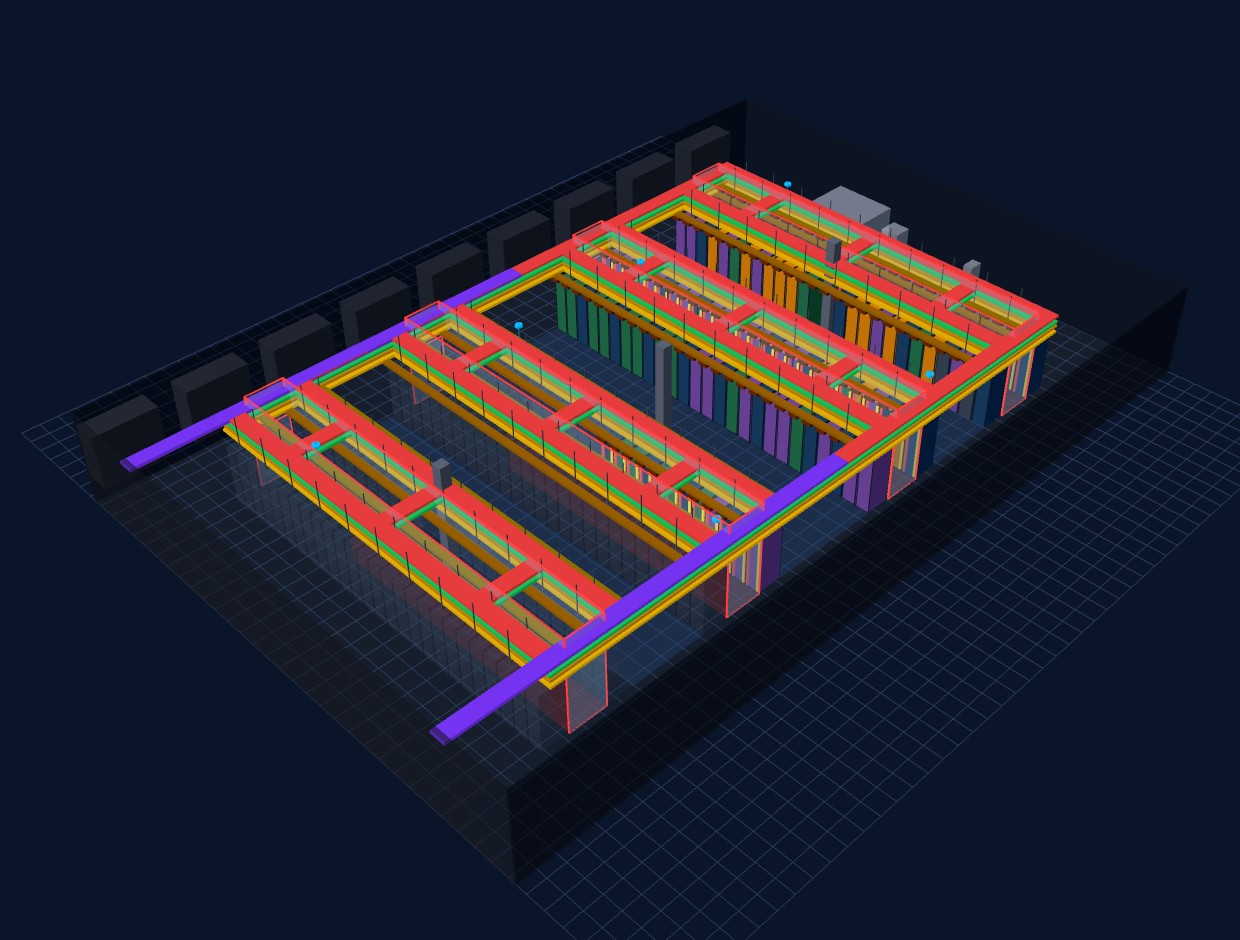 A data hall modelled in the Whitespace Builder, with containment, busway and rack rows