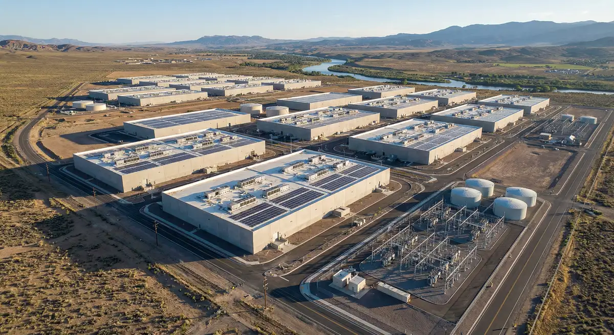 Aerial view of a hyperscale data centre campus