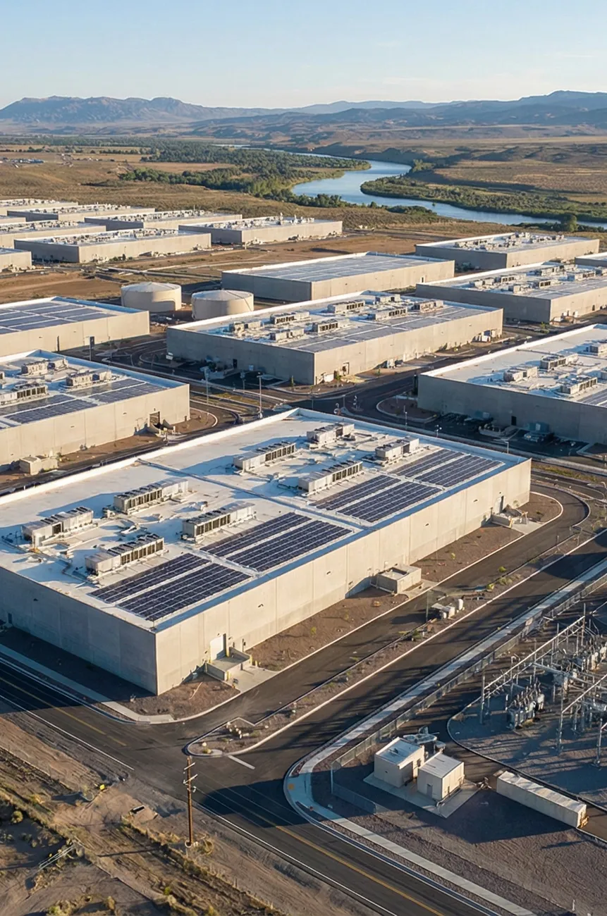 Aerial view of a hyperscale data centre campus