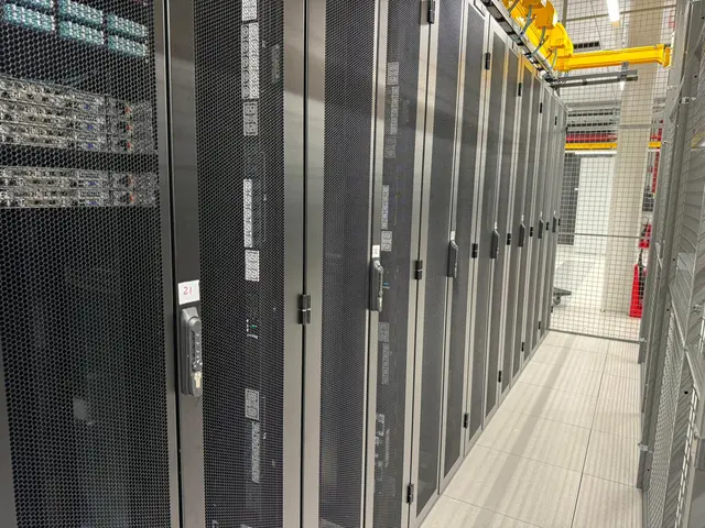 A row of black cabinets in a white data hall